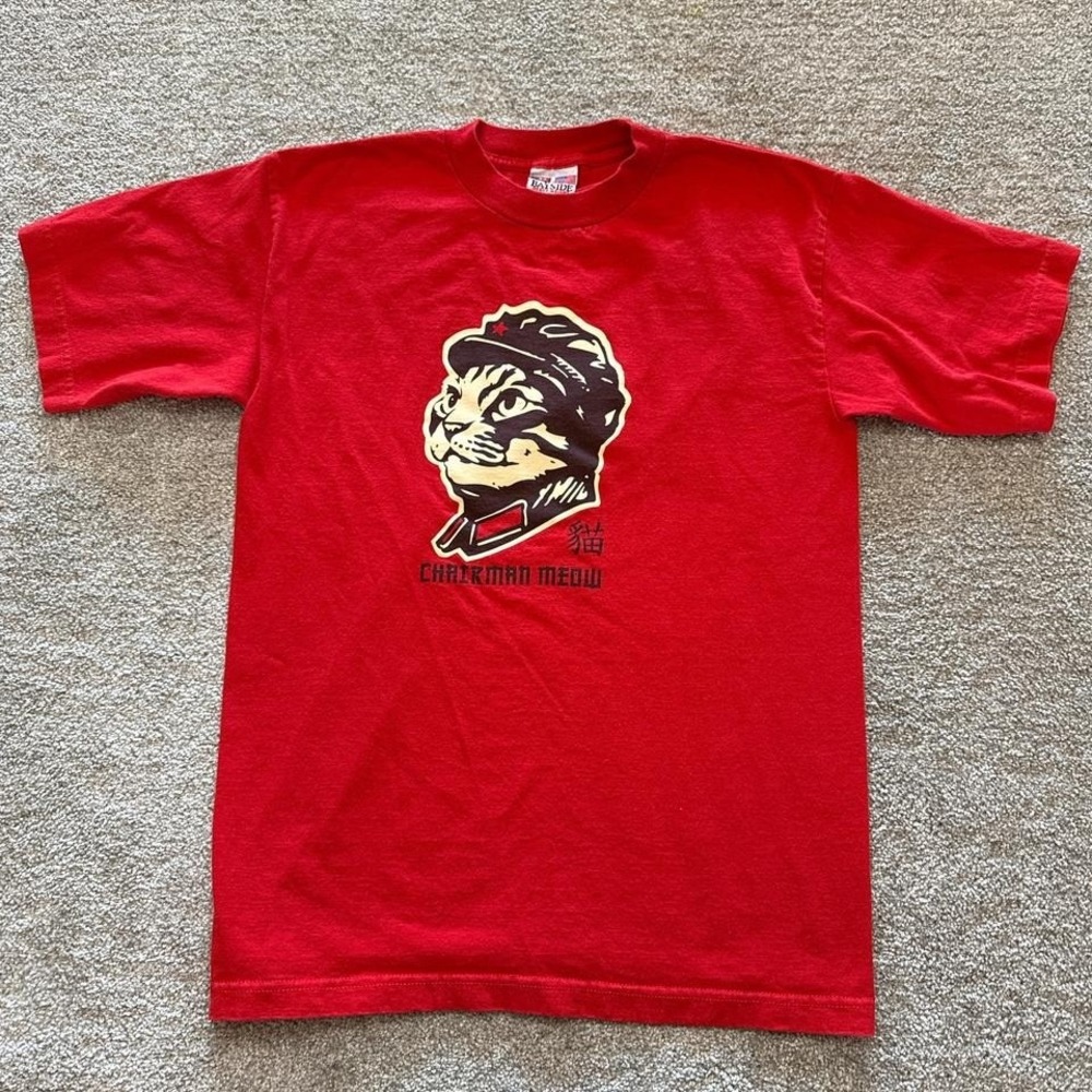 Bayside Chairman Meow T-Shirt Medium Red Made in USA Funny Cat Graphic Tee